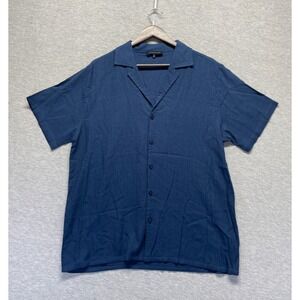 Windward Shirt Mens Medium Blue Textured Rayon Camp Cuban Collar Button Front